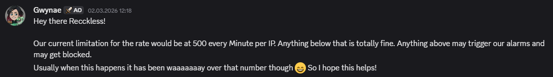 Sandbox Interactive confirming rate limit of 500 requests/minute per IP